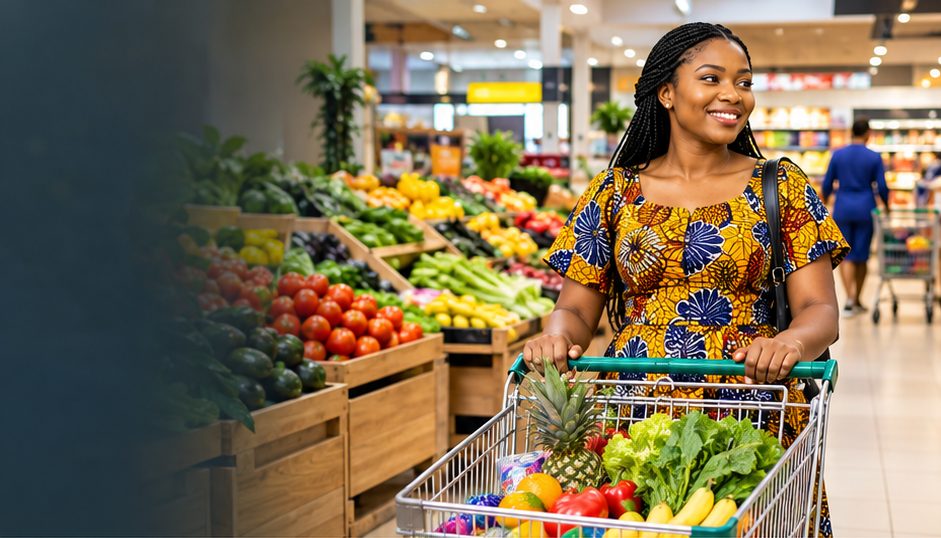 A shopper pushing a trolley of fresh produce through a supermarket aisle