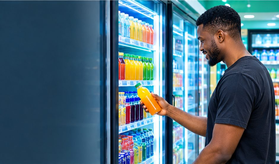 A customer picking a cold juice from a supermarket drinks fridge