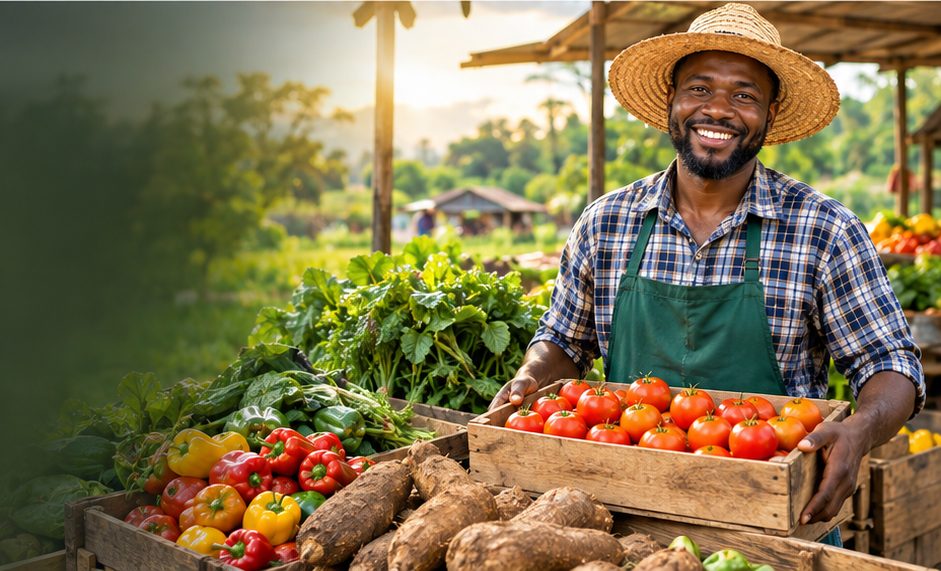 A smiling farmer with a crate of fresh tomatoes at a farm market stall