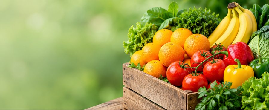 Fresh fruit and vegetables in a wooden crate