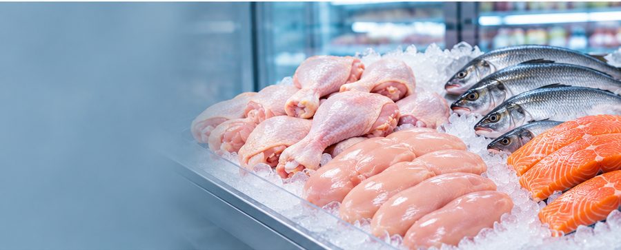Fresh chicken and fish on ice