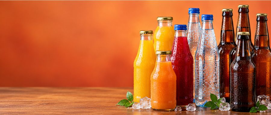 Bottles of juice, water and beer